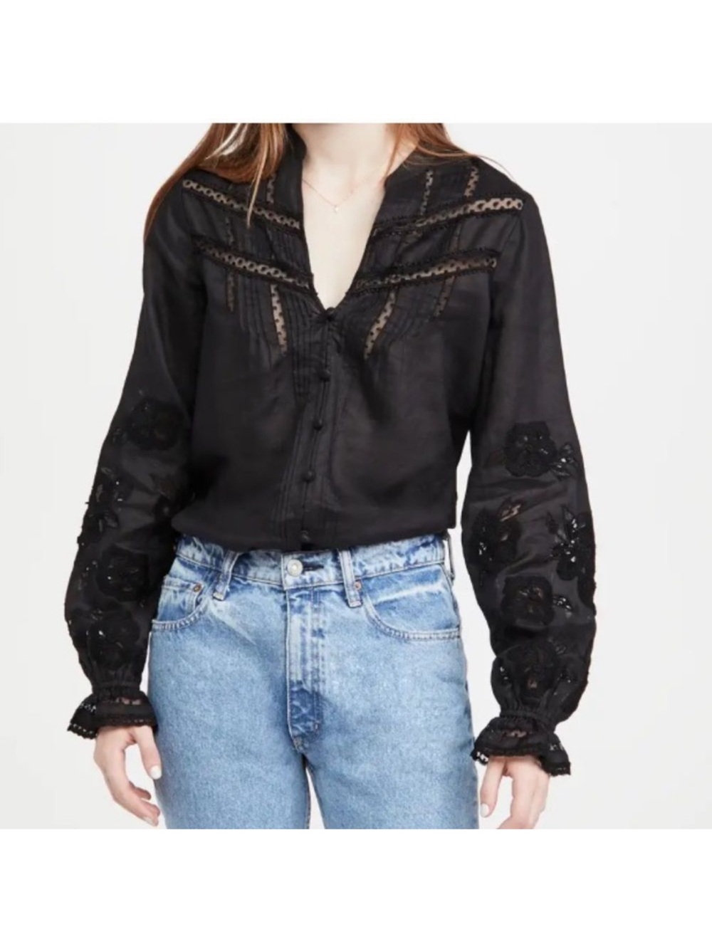 Veronica Beard Black Lace Trim Sheer Button Front Peasant Blouse Women’s Size 6